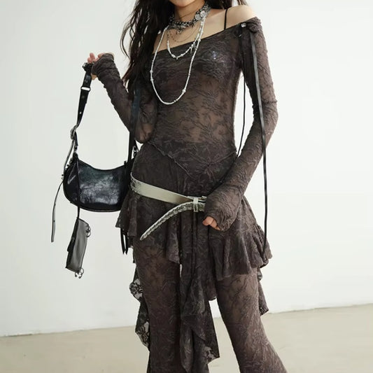 Dark Wandering Fairy Irregular Ruffled Waste Soil Elastic Lace Mesh Bottoming Shirt